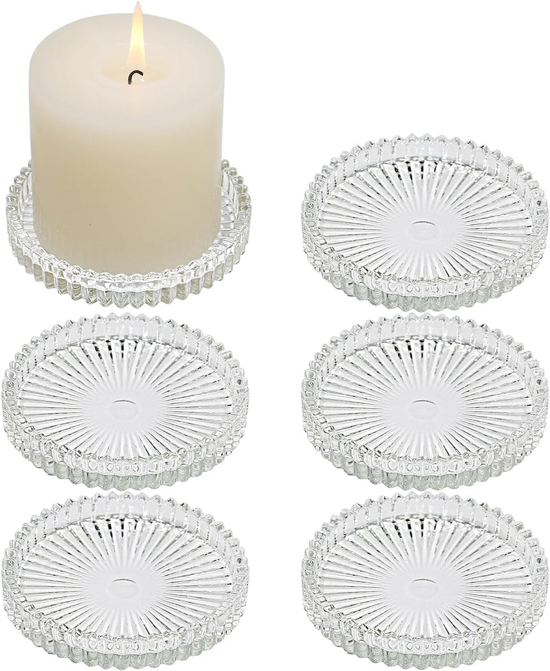 MCHERRY 6 Pack Glass Candle Holders, 4 Inch Glass Candle Holder for Pillar Candles, Christmas Candle Plate for Dining Table, Home Coffee Table Decoration (Brown)