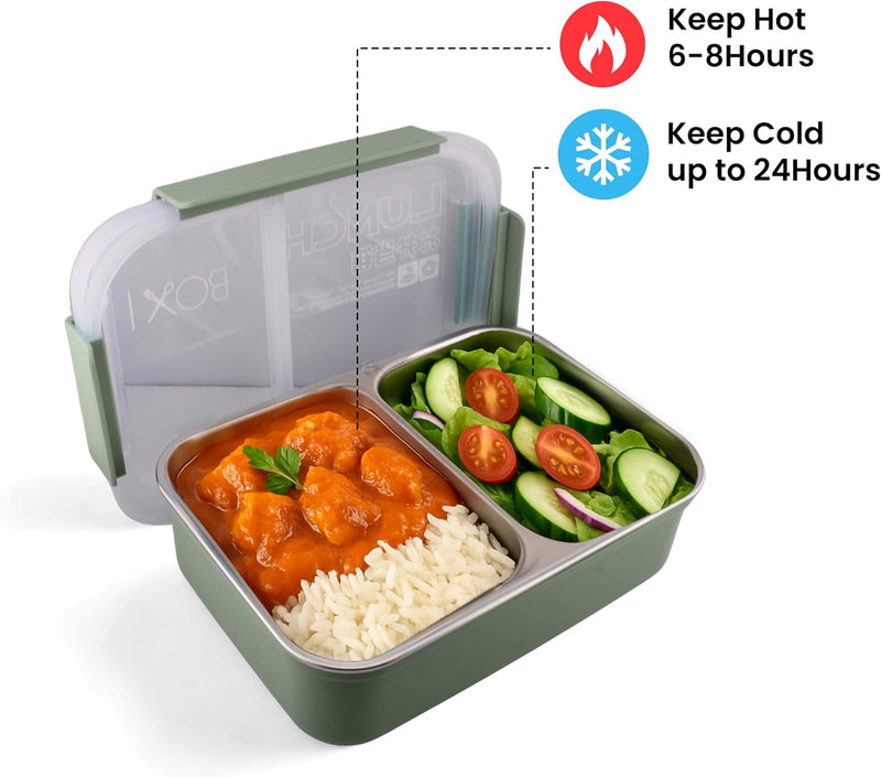 Stainless Steel 2 Compartments Bento Lunchbox with Removable Inner Tray - Leak Proof Bento Box for Kids, Adults - Tiffin Box for Office, School (GREEN)