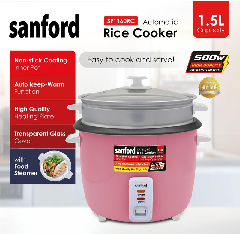 Sanford 1.5L Automatic Rice Cooker with Steamer & Keep Warm | 500W Power | Non-Stick Pot| (GREEN)