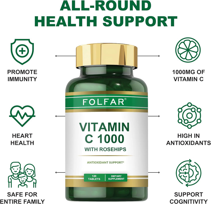 Vitamin C - 1000mg (120 Tablets) With Rose Hips Antioxidant Protection, Boost Immune System & Supports Healthy Skin 120 DaysSupply Ascorbic Acid Supplement Non- GMO, Gluten Free