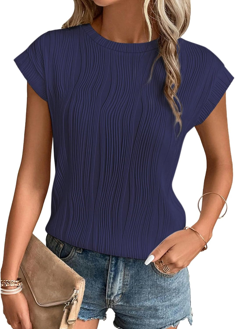 Womens Short Sleeve Summer Tops Crewneck Textured Shirts Basic T Shirt Casual Work Blouses - Navy
