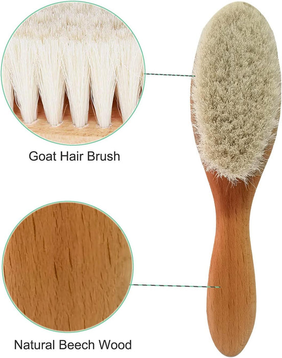 3 Piece Baby Hair Brush and Comb Set for Newborn Toddlers- Natural Wooden Hairbrush with Soft Goat Bristles for Cradle Cap - Perfect Scalp Grooming Product for Infant, Toddler, Kids, Baby