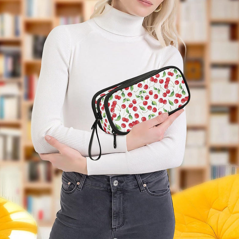 Mnsruu Cherries Leaves Pencil Case Large Capacity Pen Pouch Makeup Bag with 3 Compartments Pen Holder Organizer Stationery Bag for Girls Womens