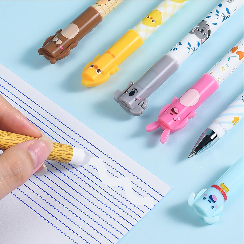 Erasable Gel Pen,6 Pcs 0.5mm Black Erasable Writing Pens,Cute Cartoon Animal Rub Out Gel Pens with Erasers,Great for School Supplies and Office Stationery