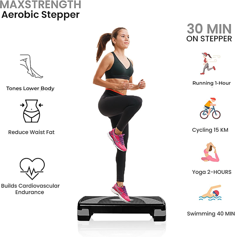Max Strength Multi Level Aerobic Step Exercise training workout stepper 2 to 5 Adjustable Step Levels Great for Home Gym, Cardio & Palesta Pilates Yoga sports - Grey Black 2 Level