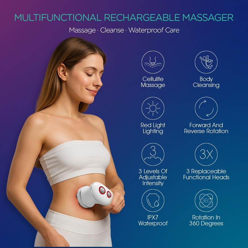 VOYOR Handheld Massager Cordless Deep Tissue Cellulite Massager for Face, Arm, Hand, Neck, Foot and Body, Silicone Face Brush, 3 Multi-Functional Heads, IPX7 Waterproof & Rechargeable VRMM1-NEW