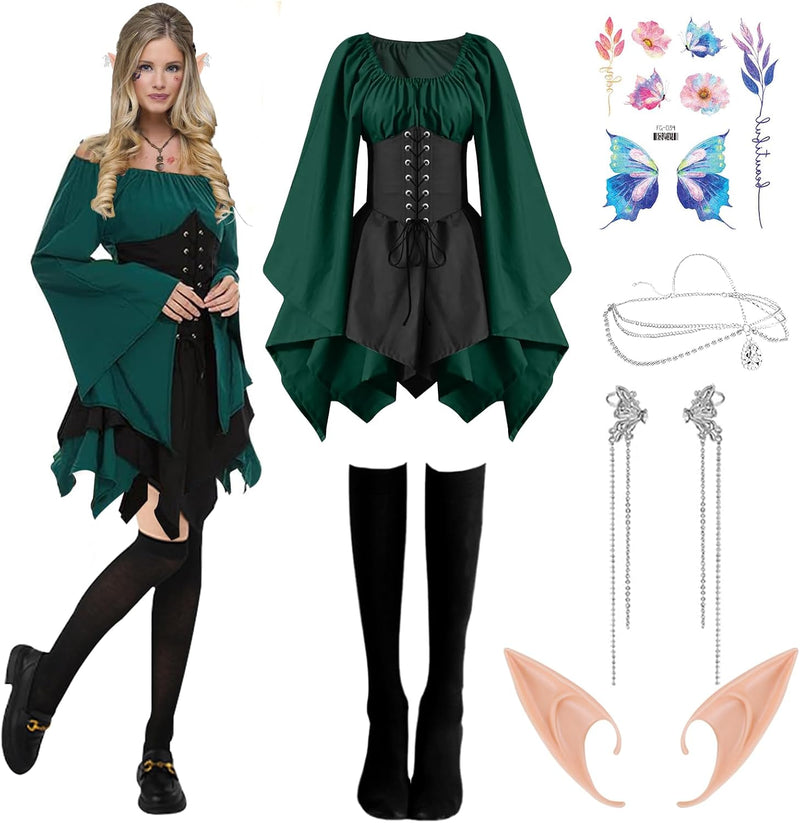 Elf Renaissance Medieval Dress, Fairy Cosplay Set, Traditional Irish Costume, Victorian Flared Sleeve Corset Skirt, Goth Outfit With Ears, Tattoo Stickers, Overknee Socks, Head Rings, Ear Clip