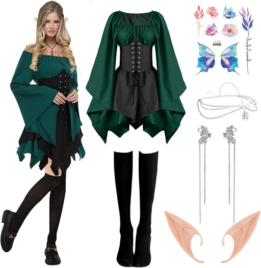 Elf Renaissance Medieval Dress, Fairy Cosplay Set, Traditional Irish Costume, Victorian Flared Sleeve Corset Skirt, Goth Outfit With Ears, Tattoo Stickers, Overknee Socks, Head Rings, Ear Clip