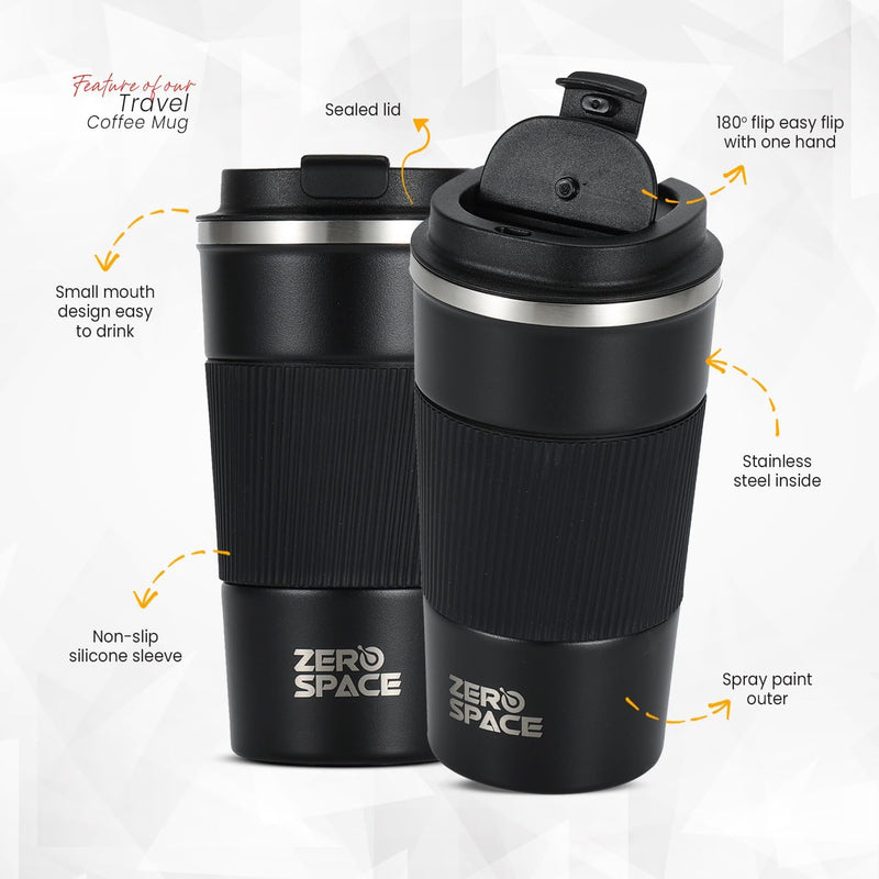 ZeroSpace Travel Coffee Mug, Stainless Steel Coffee Tumbler, Double Wall Vacuum Hot and Cold Insulated Coffee Mug for Home Travel Office Outdoor Works (Black - 500ml)