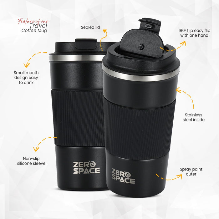 ZeroSpace Travel Coffee Mug, Stainless Steel Coffee Tumbler, Double Wall Vacuum Hot and Cold Insulated Coffee Mug for Home Travel Office Outdoor Works (Black - 500ml)