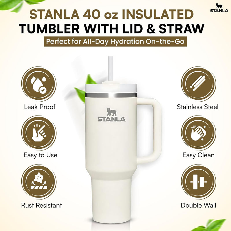 STANLA 40 oz Tumbler with Lid and Straw | Travel Mug for Iced Tea & Coffee | 100% Leakproof, Stainless Steel Insulated Tumbler for School,Office & Gym | Cup Holder Friendly Base (Cream)