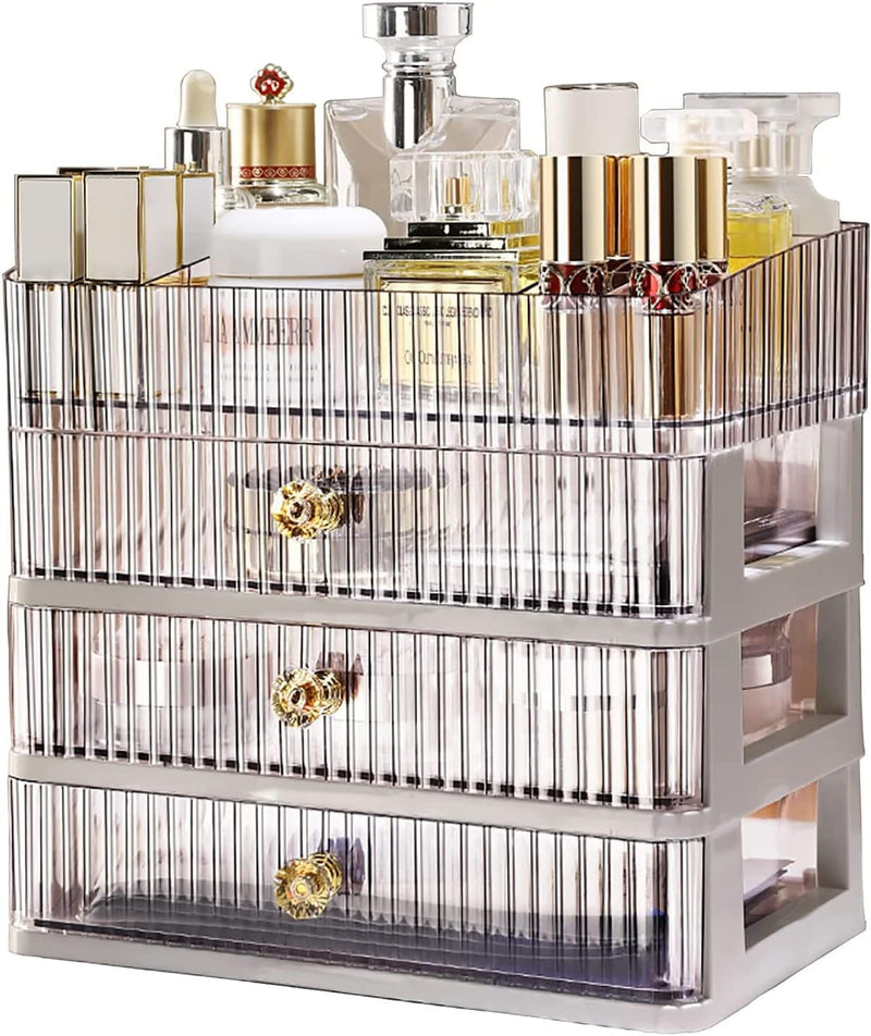U-HOOME Makeup Organizer with 3 Drawers and Brush Holder, Counter-Top Cosmetics Organizer for Bathroom Vanity Countertops, Cosmetic Display Cases Desk Organizers and Storage for Lipstick,Nail Polish