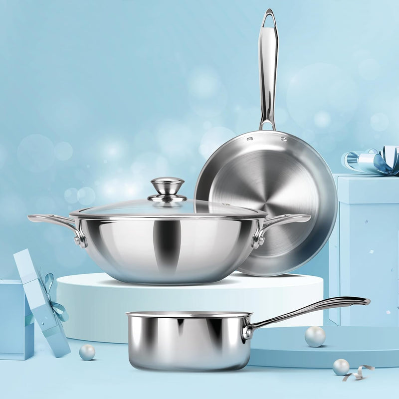 MILTON Pro cook Procook Triply Induction Base Cookware Set of 3 Stainless Steel Sauce Pan 14 cm, Fry Pan 24 cm, Kadhai 24 cm with Glass Lid 24 cm, Silver Dishwasher Safe Food Safe Flame Safe