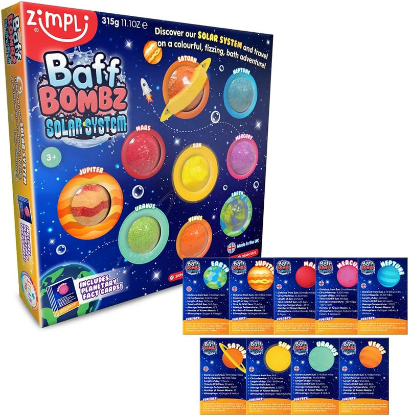 9 x Solar System Bath Bombs Gift Set, 9 x Planetary Fact Cards, Educational Planet Bath Bombs for Children, Science Kits for Boys & Girls, Bath Toy Birthday Presents, Learning Pocket Money Gifts - Planet Baff Bombz Planet Baff Bombz