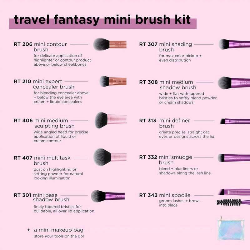 Real Technique Travel Fanstasy Mini Brush Kit, Makeup Brushes, Mini Sized Brushes, Perfect For Travel or On The Go, 10 Piece Set, Purple - Single