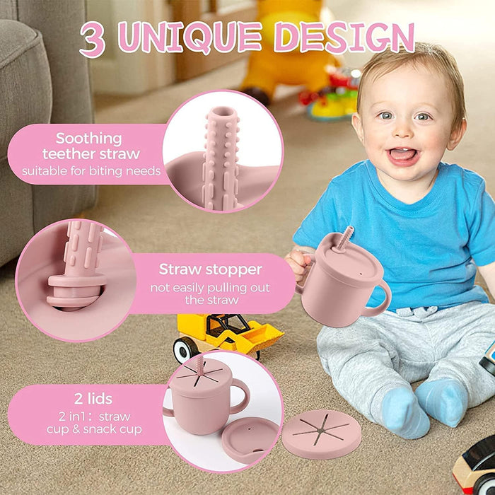 Excefore Toddler Sippy Cup with Lid, Kids Snack Container 2-in-1, Silicone Snack Catcher with Removable Scale, Kids Water Bottle with Straw 8.5 oz (Olive Green)