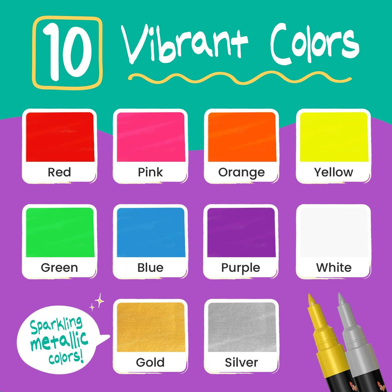 Chalkola Liquid Chalk Markers Erasable (10 Pack) w/Gold & Silver - Washable Paint Chalk Pens for Chalkboard Signs, Blackboard, Car Window, Bistro, Glass, Board - Neon Wet Wipe 6mm Reversible Bold Tip