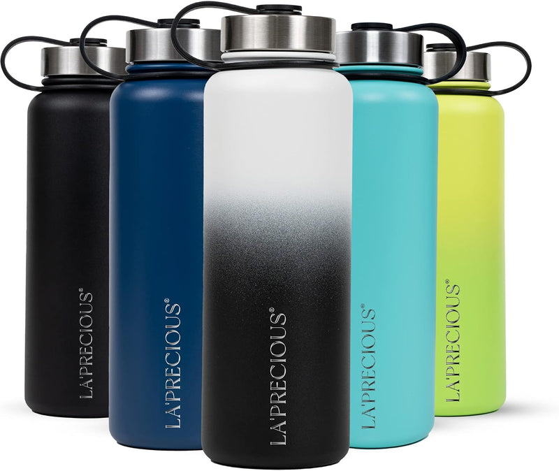 LA PRECIOUS Stainless Steel Water Bottle 18/8 Food Grade Material, Rust Proof, Leakproof,(750ML - 1200ML) - Keeps Liquids Hot or Cold for Several Hours. (1200ML, Black/White) - 1183 ml Black/White