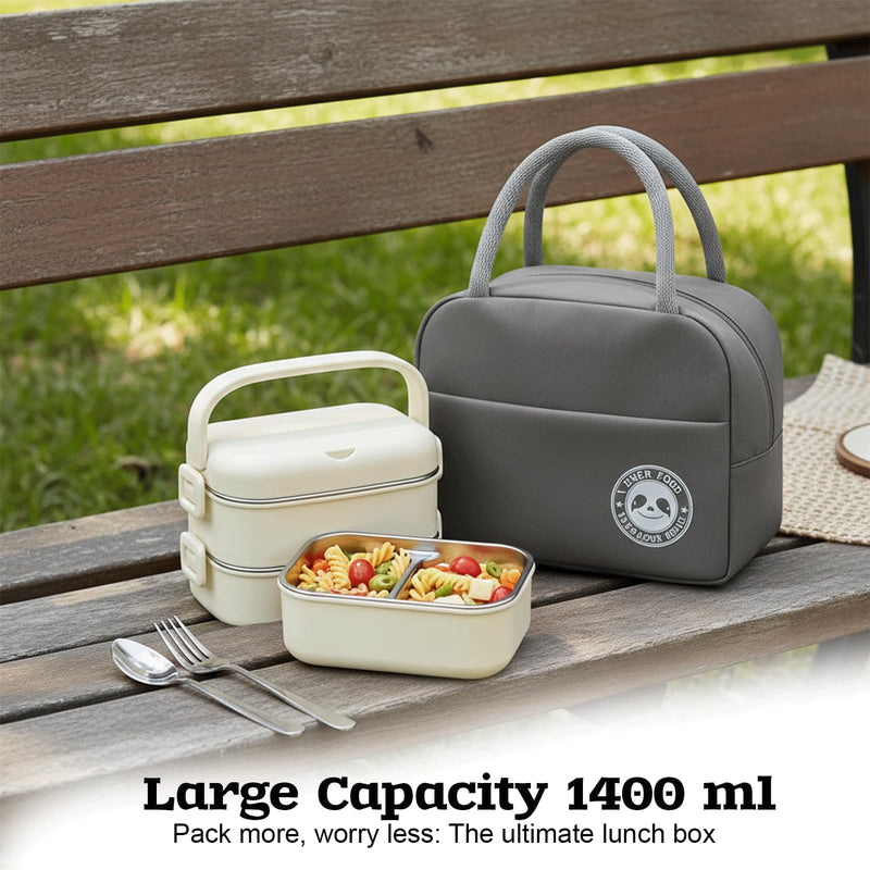 Stainless Steel Lunch Box - 1400ml 2 -Layer Bento Box with Insulated Bag, Spoon & Fork, Leakproof, BPA-Free, Dishwasher Safe - Ideal for Kids & Adults, Office, School, Travel (Cream White)