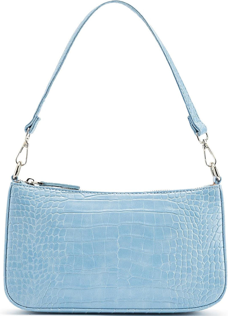 Small Shoulder bag with 2 Removable Straps Cross Body Clutch Purse Handbag for Women - Light Blue With Croc Pattern