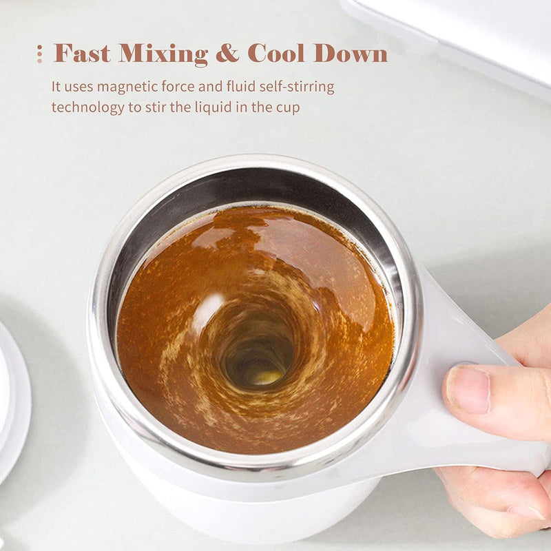 SHOWAY 380mL Self Stirring Mug with Lid Automatic Coffee Cup Electric Stainless Steel Mixing for Milk Cocoa Hot Chocolate