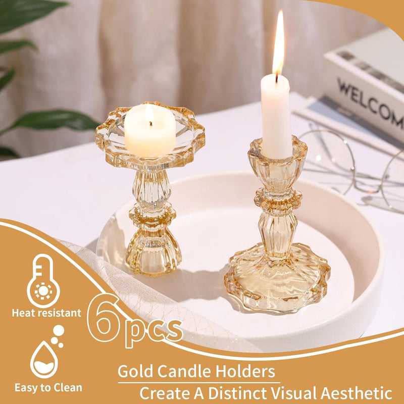 Simeitol Glass Candlestick Holders Bulk, 6PCS Crystal Taper Candle Holders Set, Gold Tall Candle Stick Holder Stand for DIY, Festival, Party, Table Decor