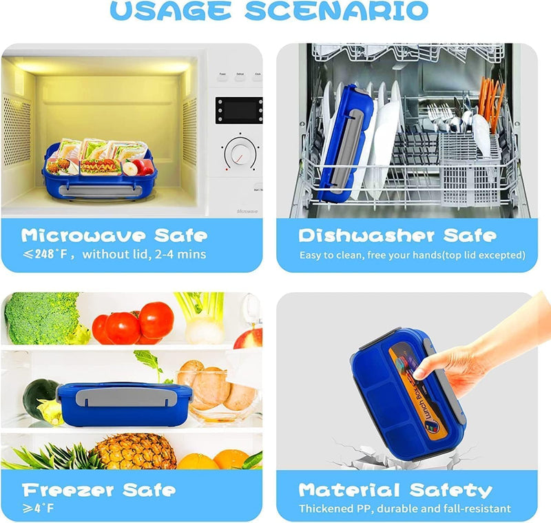Aputue Bento Box, 1300ml Large Capacity 4 Compartment Meal Prep Container, Leakproof Airtight Lunch Box with Fork Spoon, Portable Food Storage Case for Office School Picnic and Travel Use