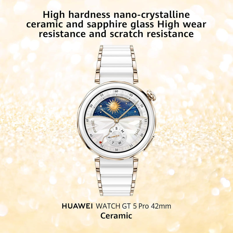 WATCH GT5 Pro 42 mm Smartwatch, Sharp-Edged Design, upto7 Days Battery Life, Pro-level Sports Watch, iOS & Android Compatible, 3 Months HUAWEI Care+, White Ceramic