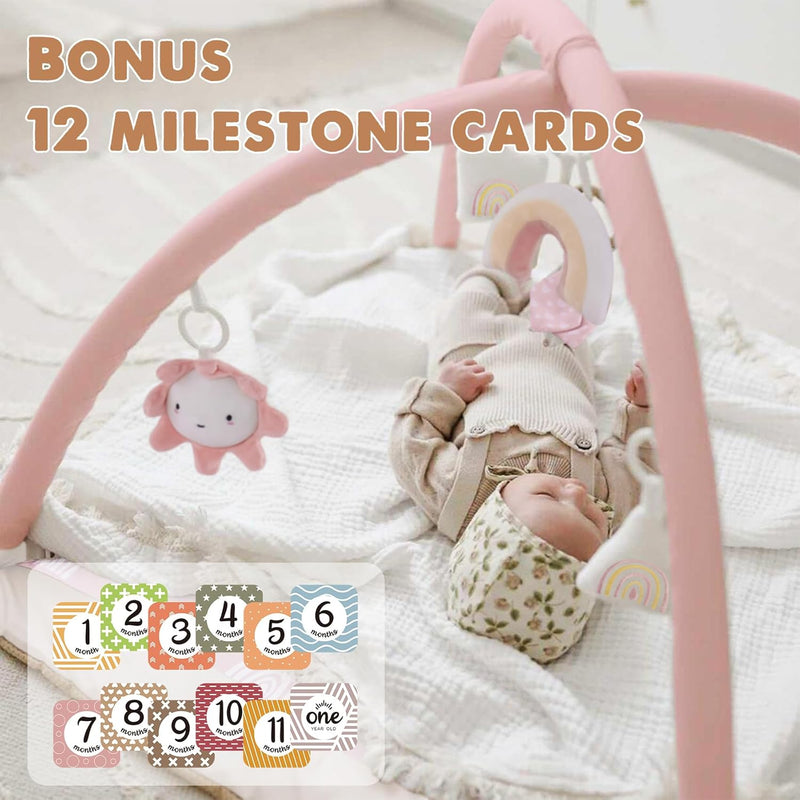 Washable Baby Gym Activity Center with Play Mat, Early Development Playmats, 6 Toys for Infant & Toddler, Larger, Non Slip,Pink