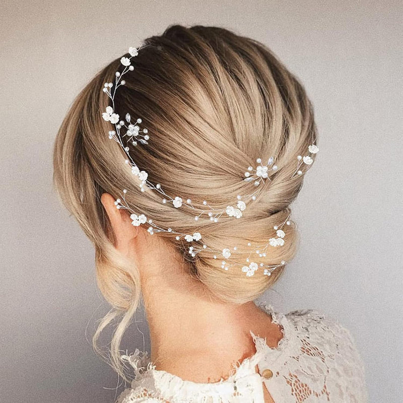 Excefore Bridal Wedding Hair Vine Extra Long Pearl and Crystal Beads Head Piece Bridal Hair Accessories Headband Hair Jewelry Hair Accessories, Silver