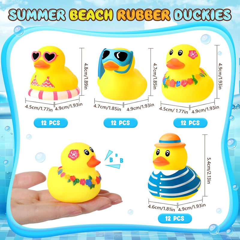 Honoson 48 Pcs Summer Beach Rubber Duckies Bulk Mini Rubber Duck Bath Toys Float Bathtub Ducky Cute Squeaky Rubber Ducky for Classroom Carnival Summer Birthday Baby Shower Party Favor