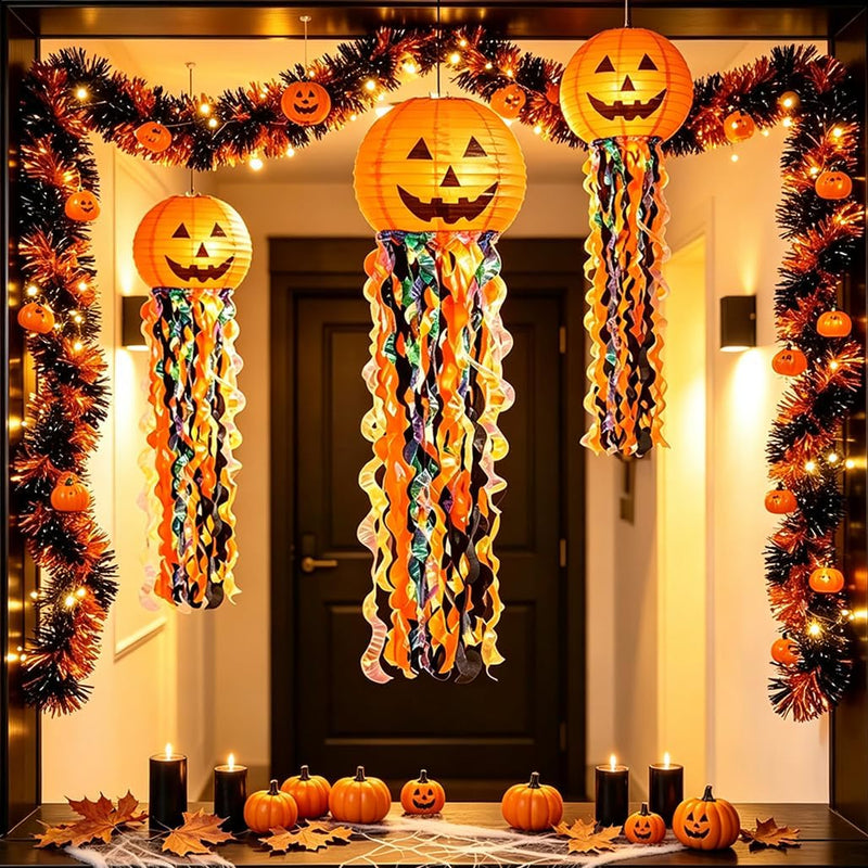 Goodern Halloween Pumpkin Paper Lanterns,3PCS Hanging Halloween Decorations