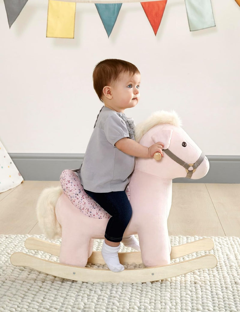 Mamas & Papas Rocking Horse Unicorn, Plush Pink Rocking Unicorn Horse Toy with Solid Wooden Base and Raised Seat, Nursery Staple - Belle