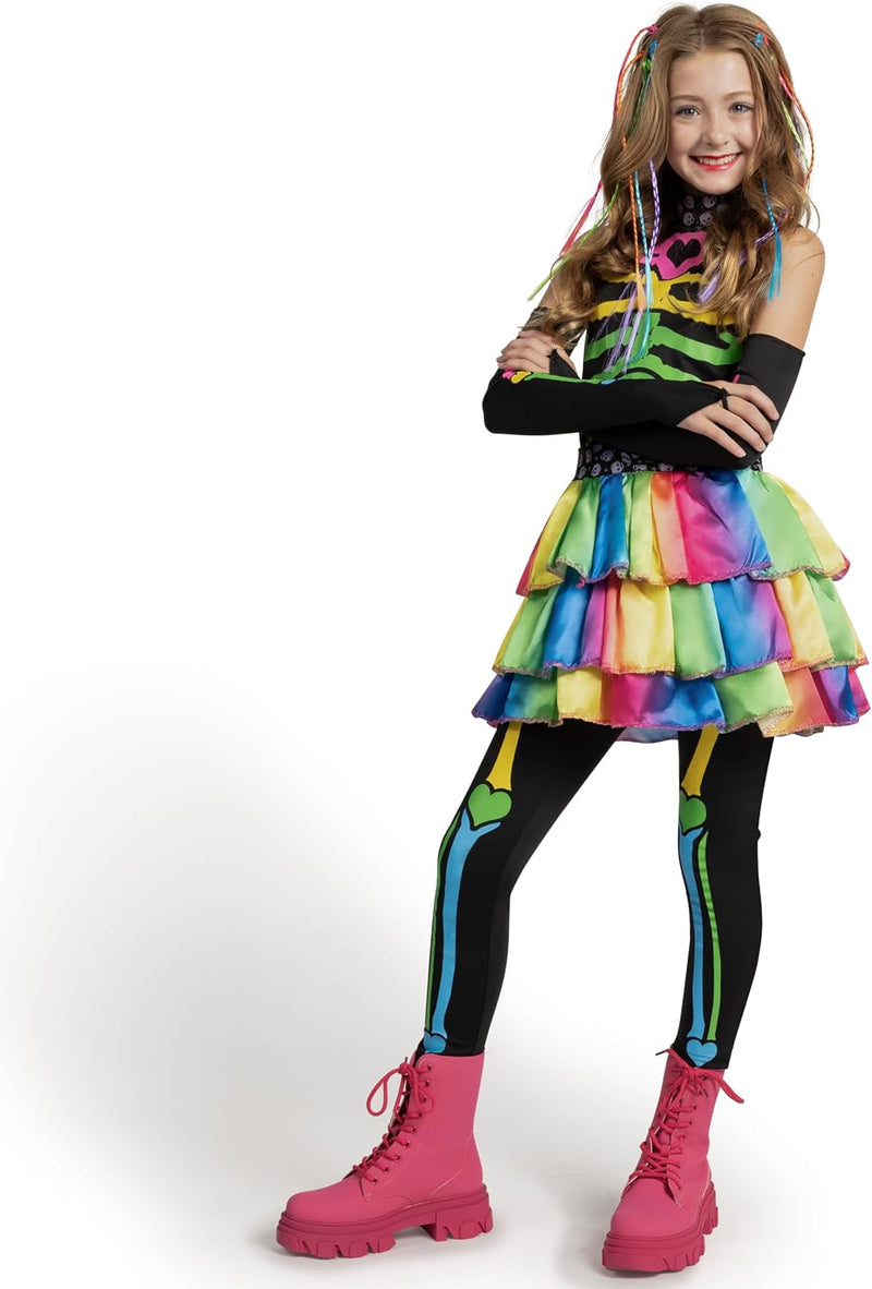 Funky Punky Bones Colorful Skeleton Deluxe Girls Costume Set with Hair Extensions for Halloween Costume Dress Up Parties.