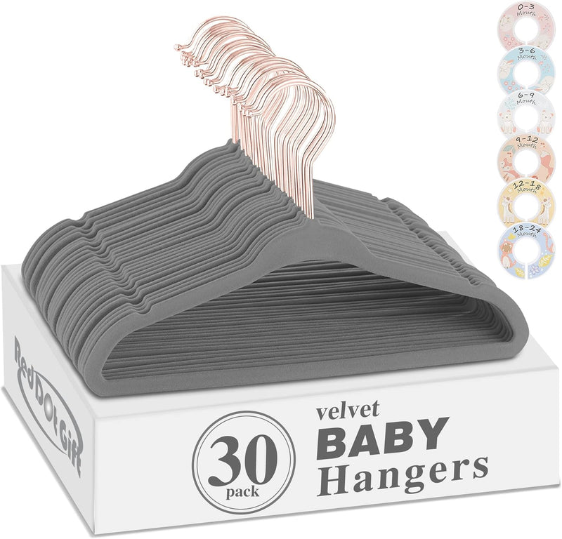 Red Dot Gift® Baby Velvet Hangers 11Inch/28cm - Nursery Clothes Hangers Non Slip Toddler Hangers, 360 Chrome Swivel Hook (White, 30)