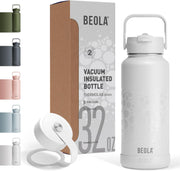 950ml Water Bottle 18/8 Stainless Steel 304 Double Wall Insulated Thermos Bottle with Straw Lid and wide mouth, 2 lids included, Hot Cold Liquids Sports Bottle, 32oz - Classic white