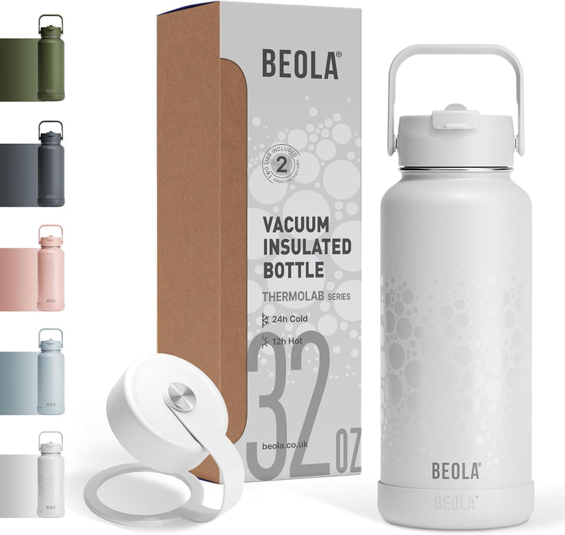 950ml Water Bottle 18/8 Stainless Steel 304 Double Wall Insulated Thermos Bottle with Straw Lid and wide mouth, 2 lids included, Hot Cold Liquids Sports Bottle, 32oz - Classic white