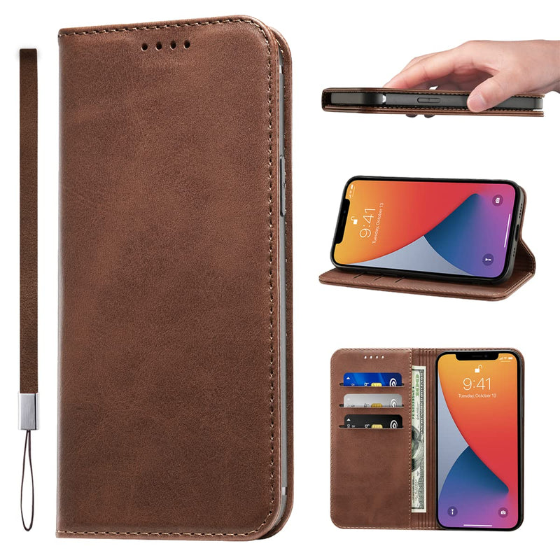 LANJLM iPhone 13 Case PU Leather Wallet Case Card Holder Shockproof Flip Cover - Brown