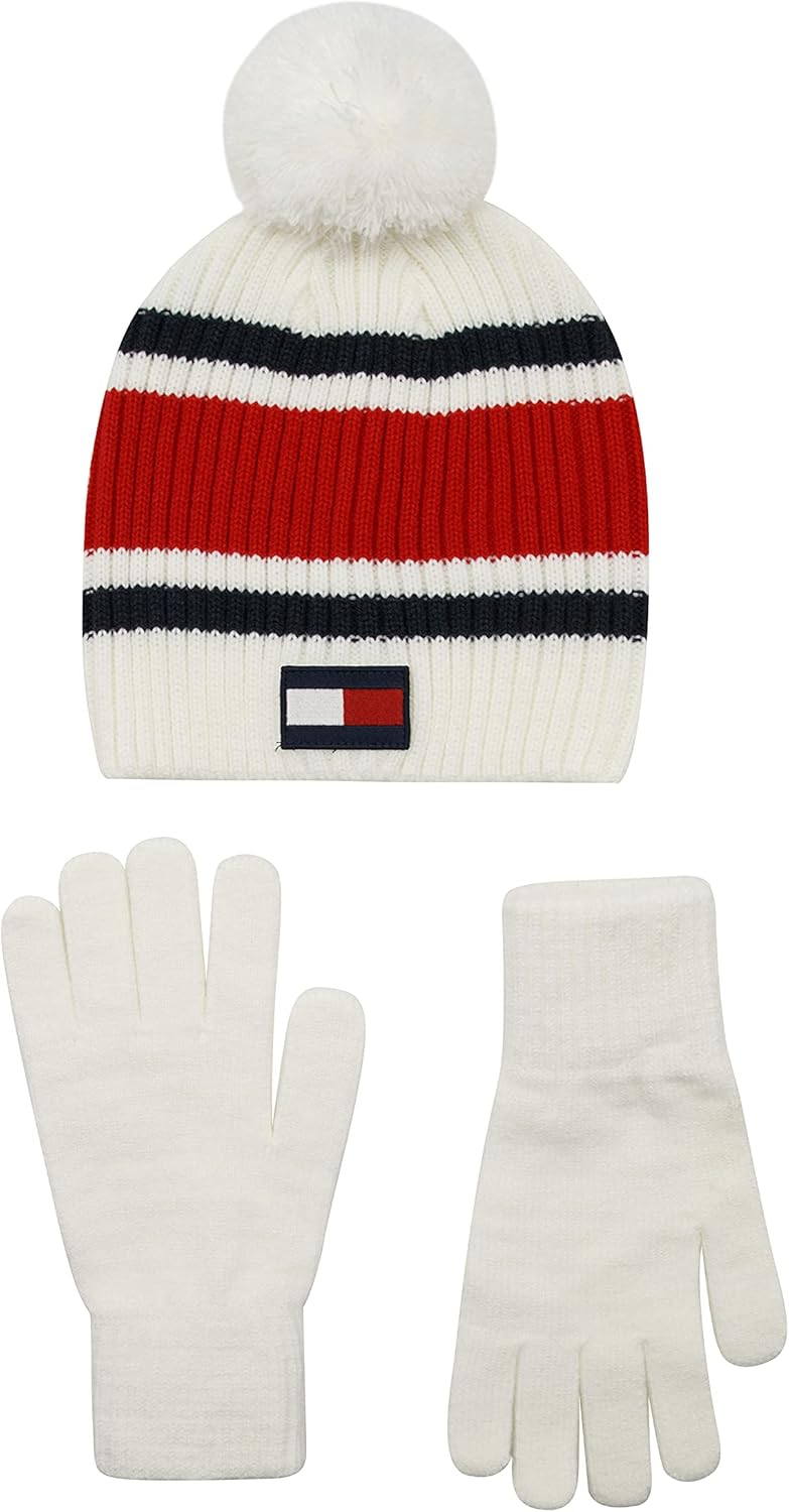 girls Beanie and Glove Set Cold Weather Hat - White Ribbed Set