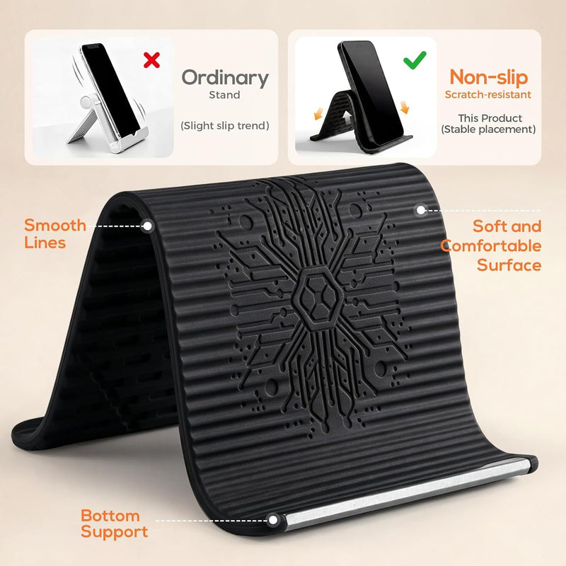 Flexible Phone Holder, Foldable Aluminum Anti-Slip Stand for Travel Airplane Desk Treadmill, Universal Silicone Mount Compatible with Phone Tablet Laptop, Black