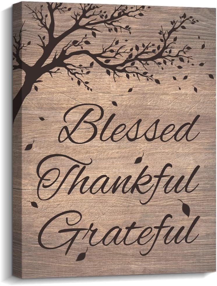 Kas Home Thankful Grateful Blessed Wall Decor Canvas Inspirational Quote Sign Farmhouse Rustic Wall Art Positive Word Hanging Decoration for Bedroom Living Room Kitchen Framed Plaque (10.6 x 13.7