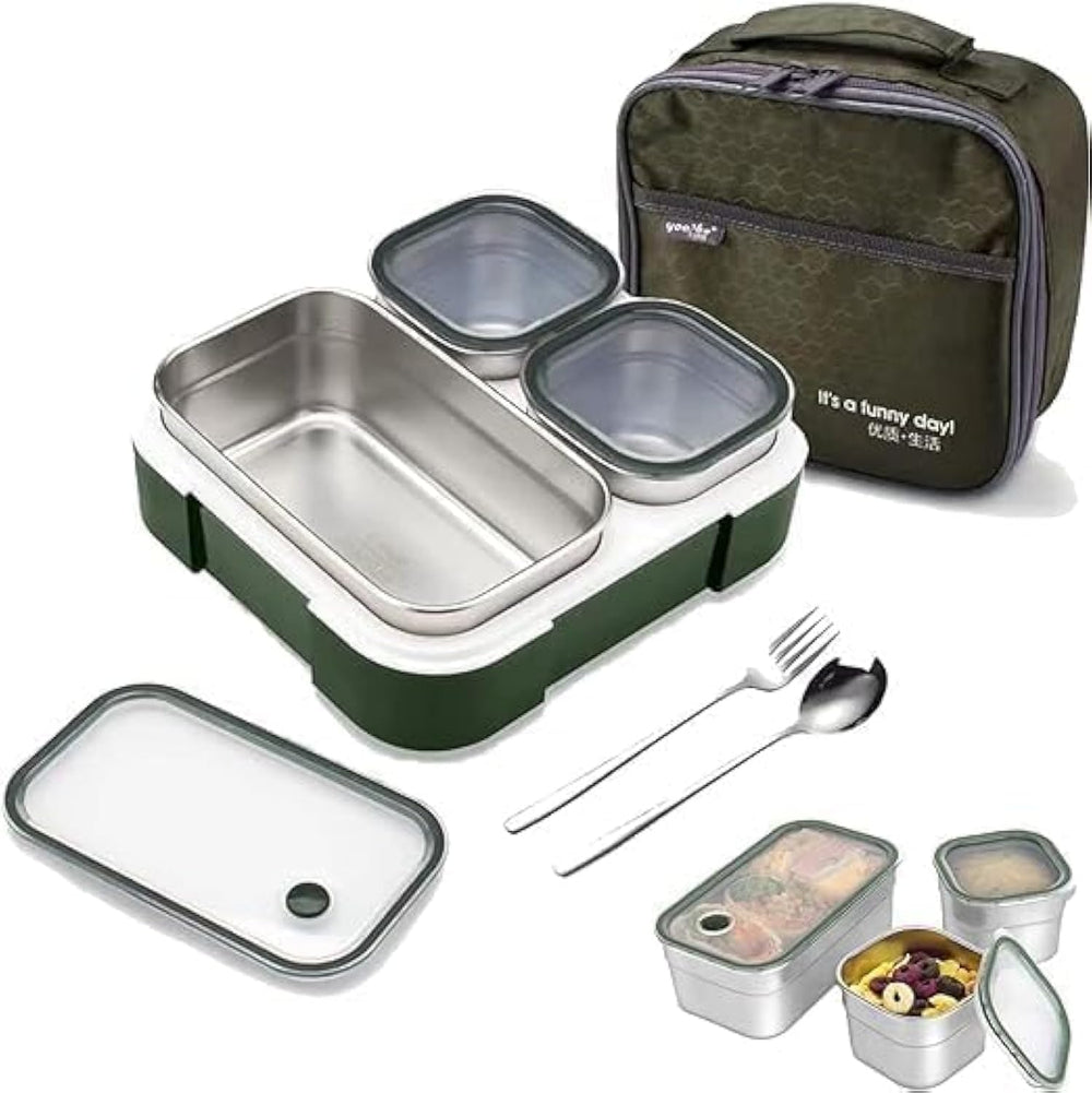 TAPIT Stainless Steel Lunch Box - Insulated Bento Box Multifunctional Containers Food Containers with 2 Compartments,Tableware, Nylon insulation bag (Grey)