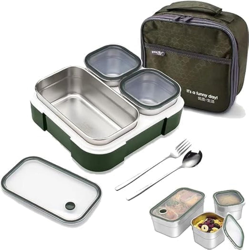 TAPIT Stainless Steel Lunch Box - Insulated Bento Box Multifunctional Containers Food Containers with 2 Compartments,Tableware, Nylon insulation bag (Grey) - Z03-Dark Green 1260ml Stainless Steel
