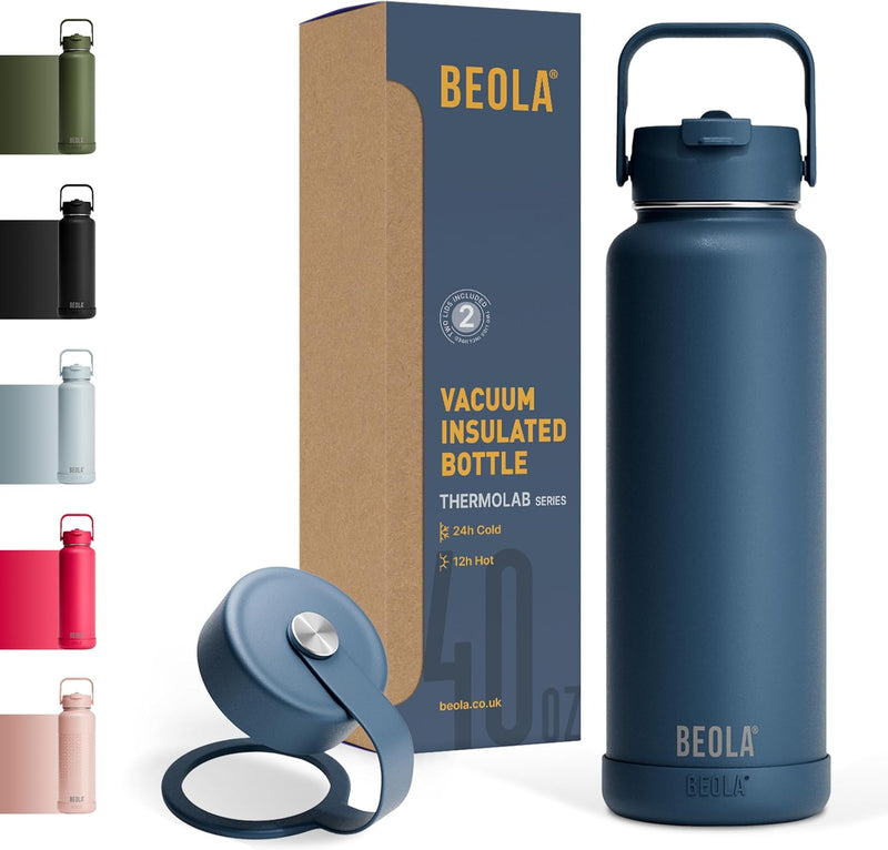 1200ml Water Bottle 18/8 Stainless Steel 304 Double Wall Insulated thermo Bottle with a wide mouth, 2 lids included, Hot Cold Liquids Sports Bottle, 40oz (Sage Mist) - Marine Blue