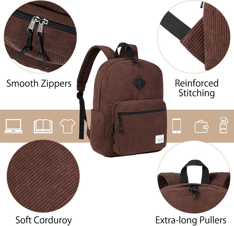 Corduroy Backpack for Men Women, VASCHY Casual Cute Fleece School Bag 15.6 inch Lightweight Daypack for Teens/Men/Women Travel