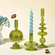 Rtteri 3 Pcs Glass Candlestick Holders Glass Taper Candle Holders Groovy Candlestick Wavy Glass Candlestick Holders Elegant Glass Candlestick Glass Vases for Home Party Centerpiece (Green)