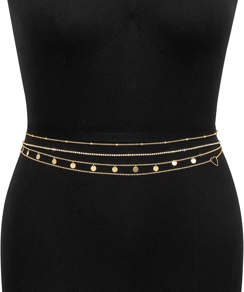 AMZSTRU Waist Belly Chain 4Pcs Adjustable Metal chain belt gold for Women Boho Multilayer Long Tassel waist chain gold Summer Body Beach Jewelry for Women Dress Skirt