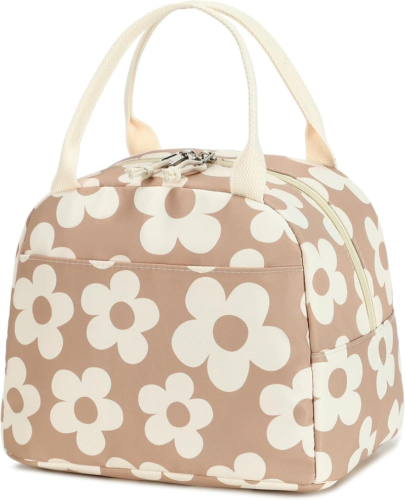 Lunch Bag for Women Men Cute Corduroy Lunch Tote Bags Reusable Insulated Lunch Box Large Capacity Reusable Insulated Cooler for Work Picnic or Travel (Corduroy strawberry) - Beige flower brown base
