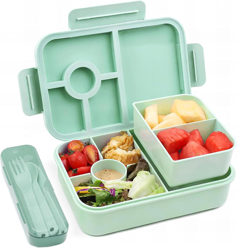 Children's Bento Box, 1300 ml, Leak-Proof Lunch Box with 5 Compartments, Bento Box for Children and Adults, Lunch Box, Breakfast Box for Girls and Boys, BPA-Free (Pink) - Green