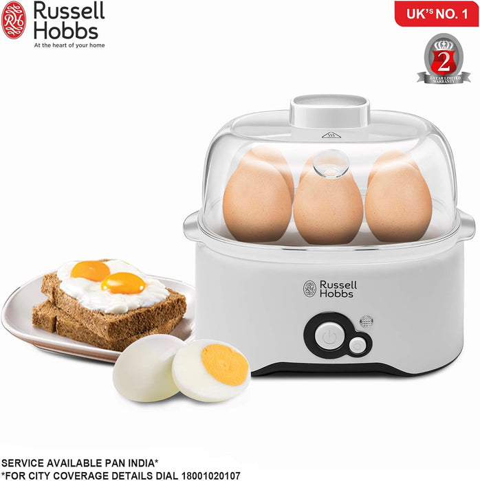 Russell Hobbs REG300-300 Watts Fully Automatic Egg Cooker with Egg Cooking Rack, 2 Poaching Pans and Measuring Cup (White) with 2 Years Manufacturer Warranty